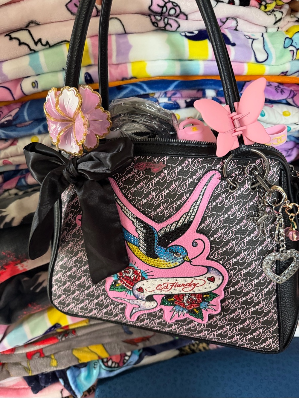 Ed Hardy Black and Pink Swallow Logo Dome Satchel